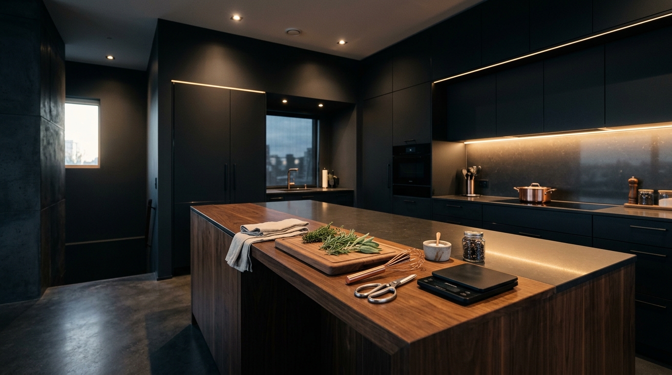 Modern luxury dark kitchen with wooden island, copper whisk, shears, and digital scale
